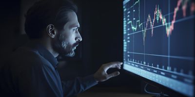Pessoa observa gráficos financeiros em uma tela.